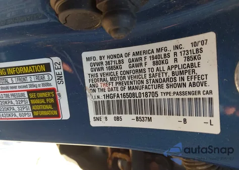 2008 Honda Civic Lx from USA, damaged, VIN 1HGFA16508L018705
